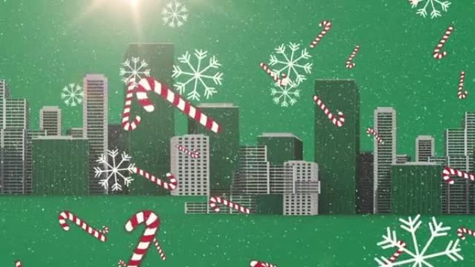 绿色背景上的圣诞节糖果棒和城市景观上的积雪动画