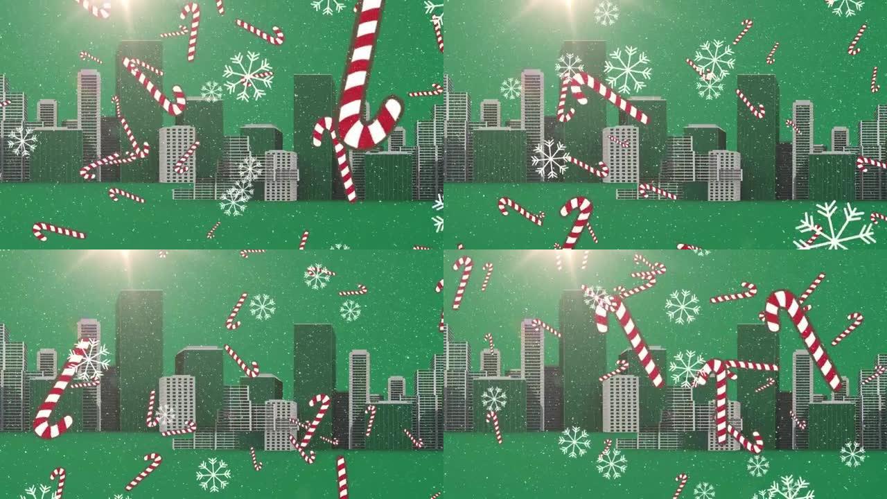 绿色背景上的圣诞节糖果棒和城市景观上的积雪动画