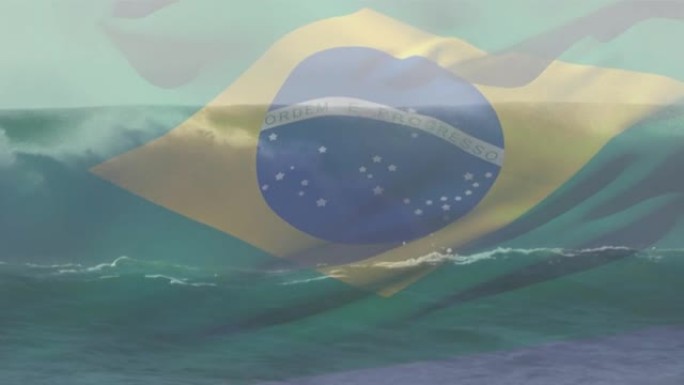 巴西国旗的动画在海浪中翻滚