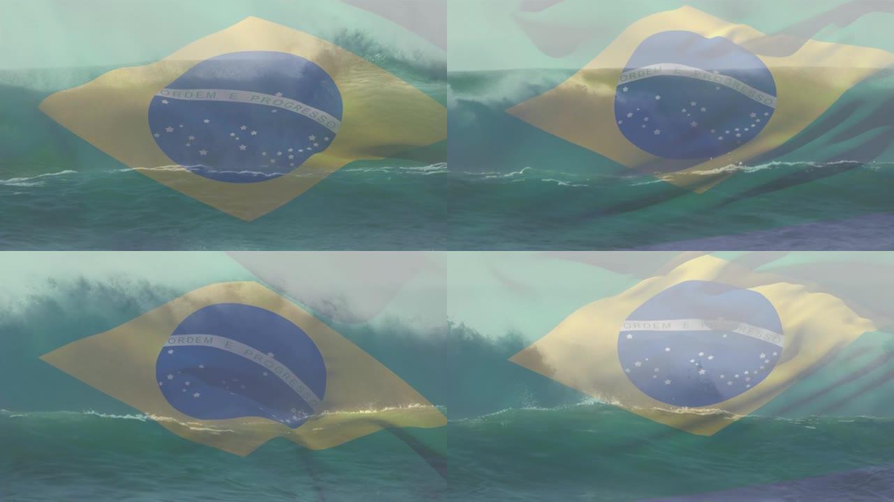 巴西国旗的动画在海浪中翻滚