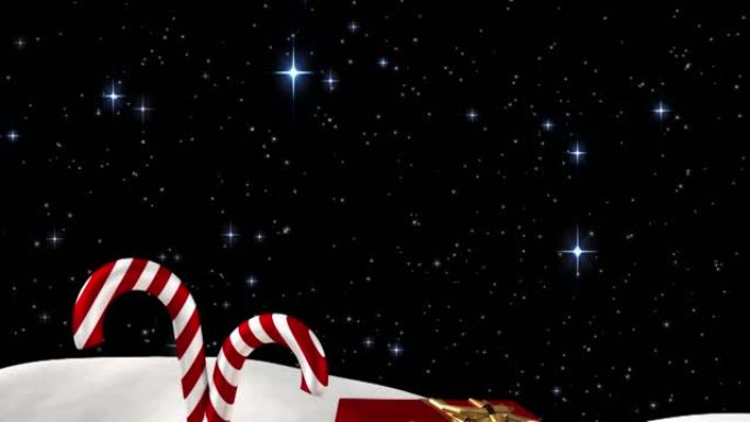 在冬季景观中，星星掉落在圣诞节礼物上的动画