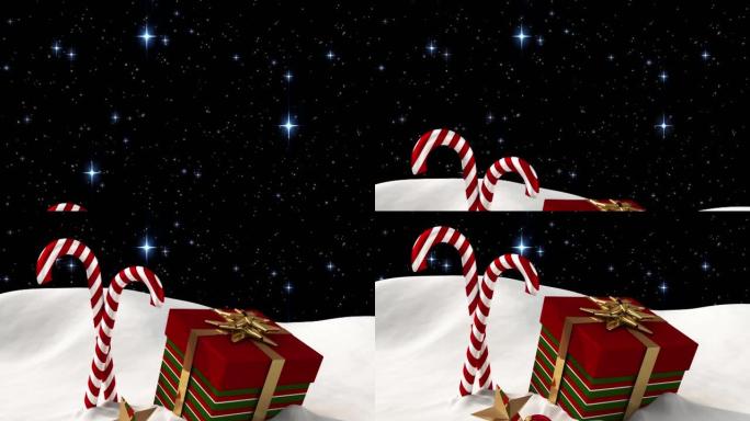 在冬季景观中，星星掉落在圣诞节礼物上的动画