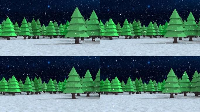 雪落在冬季景观上的多个树木图标上，夜空中蓝色闪耀的星星