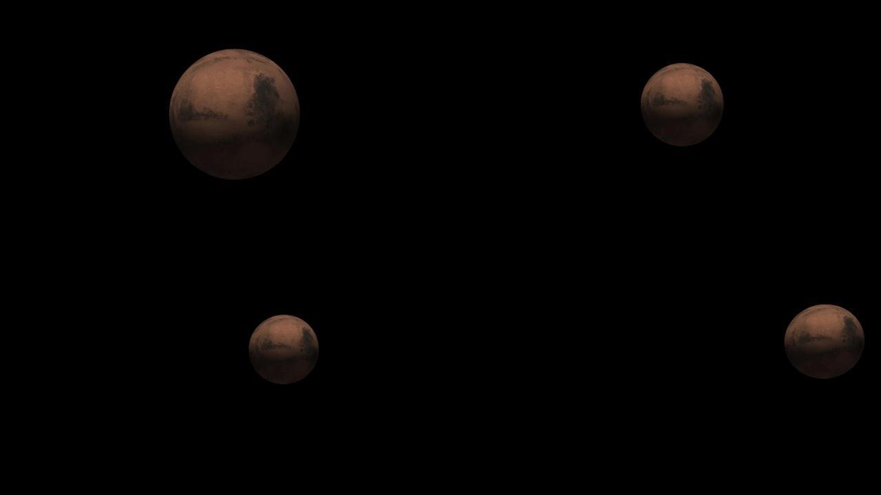 从火星3d动画中缩小，前往太空中的红色星球火星。当火星旋转时，可以看到昼夜终结者。