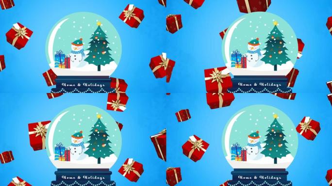 礼物和雪球落在蓝色背景上的动画