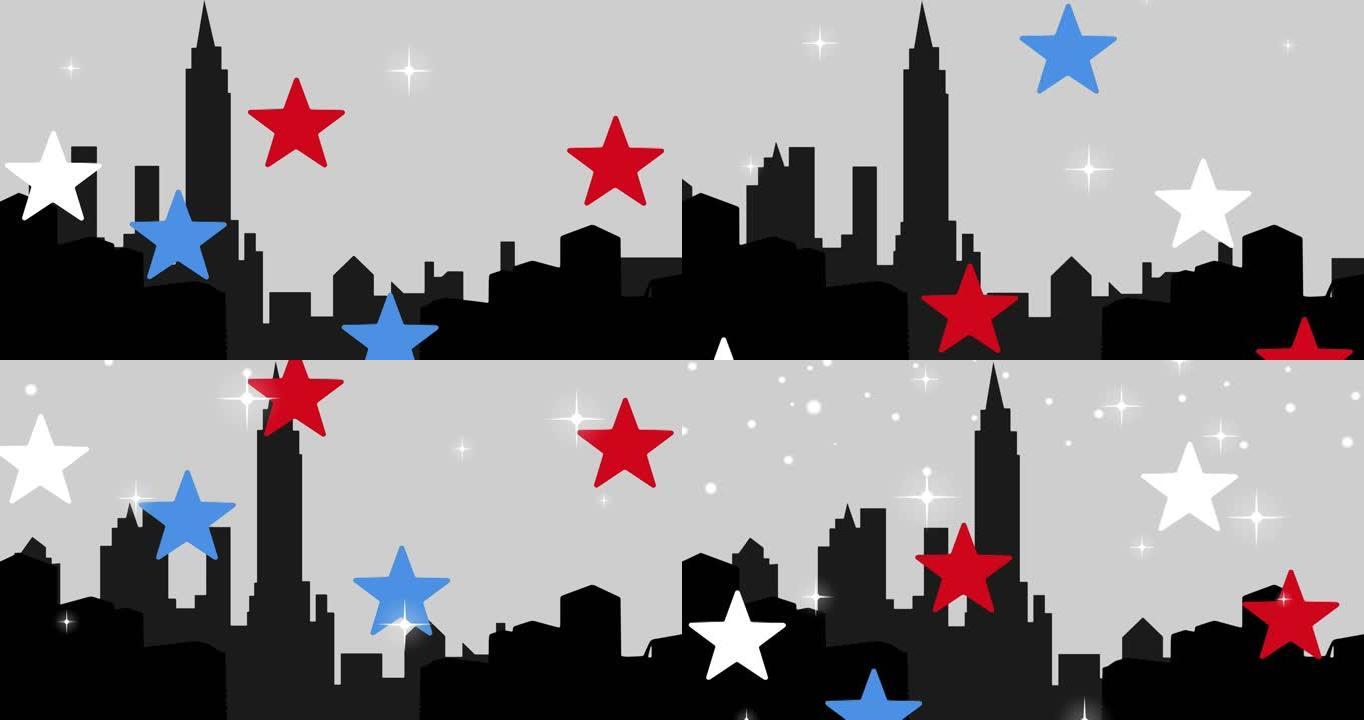 城市景观上的红色蓝白星星动画