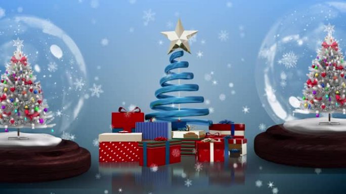 雪花落在两个雪球和圣诞树上的动画，蓝色背景上有礼物