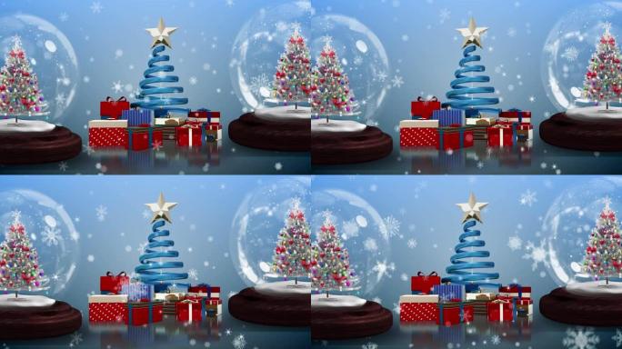 雪花落在两个雪球和圣诞树上的动画，蓝色背景上有礼物