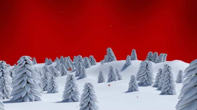 红色背景上的杉树上飘雪的动画