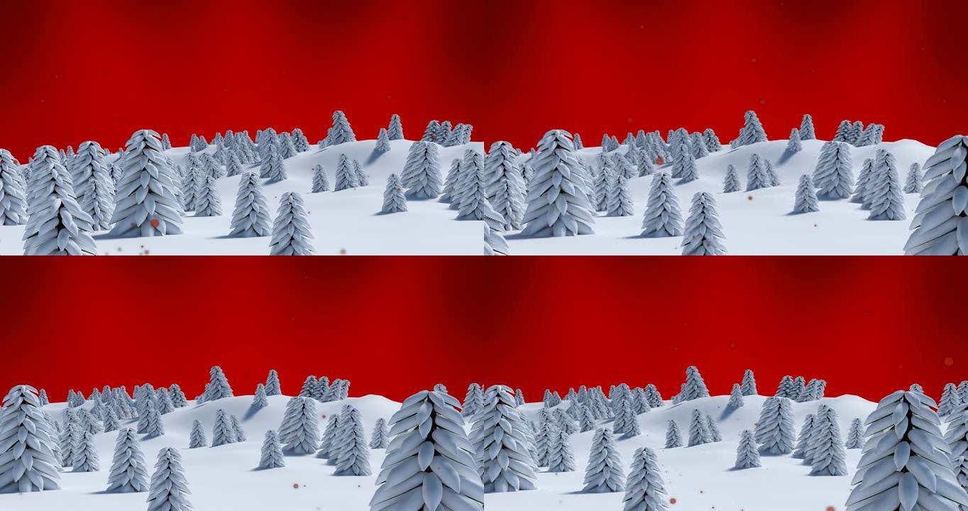 红色背景上的杉树上飘雪的动画