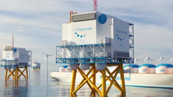 氢气可再生海上能源生产-清洁电力用氢气太阳能和风力涡轮机设施。