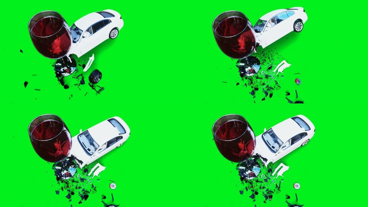 白色通用3d汽车撞上了alcholol瓶。清醒的司机概念。绿屏4k动画。
