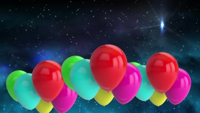 夜空上彩色气球飞越星星的动画