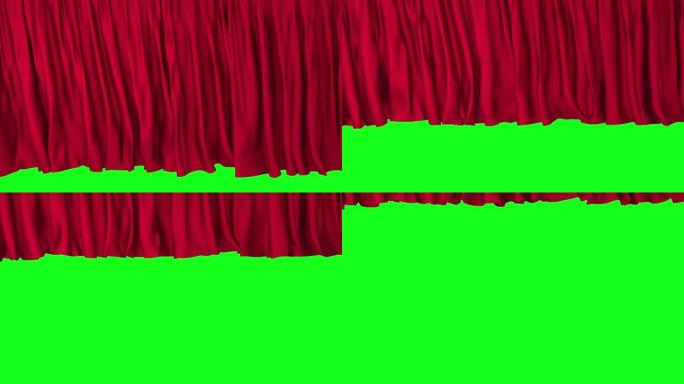 3d动画的一个红色的剧院幕布打开显示一个绿色屏幕或色度键背景在舞台上。慢动作的戏剧、电影或歌剧的幕布