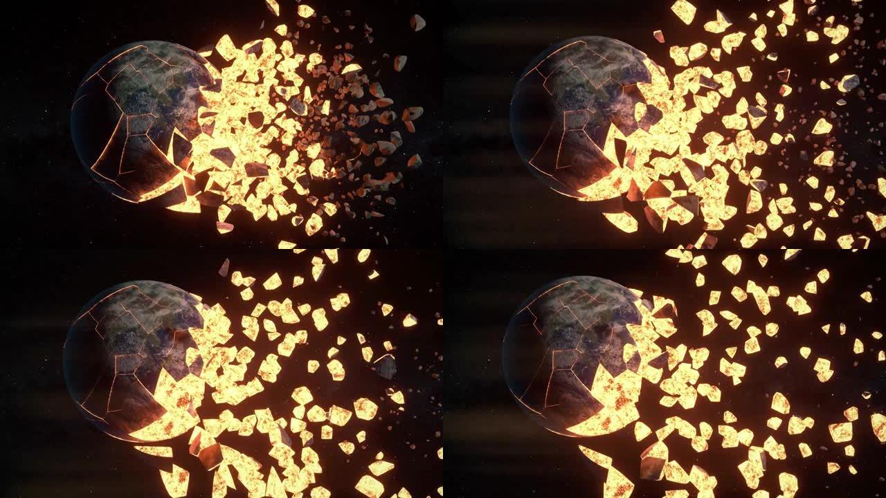 地球和月球的碰撞。把行星分成小块。灾难概念。3d动画