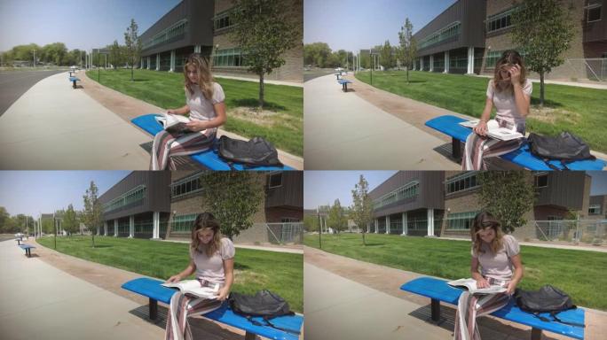 公立学校大楼外的少女巴士站返校4k视频系列