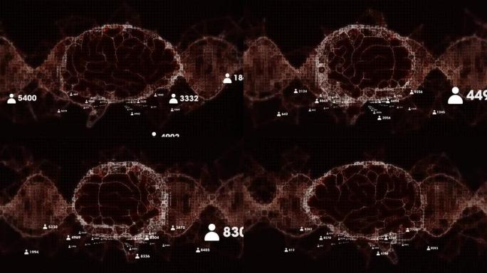 黑色背景上人脑和dna链的动画