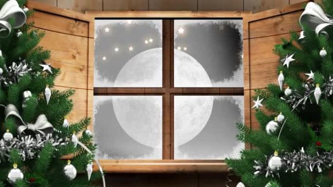 两棵圣诞树和木制窗框，抵御夜空中闪耀的星星和月亮