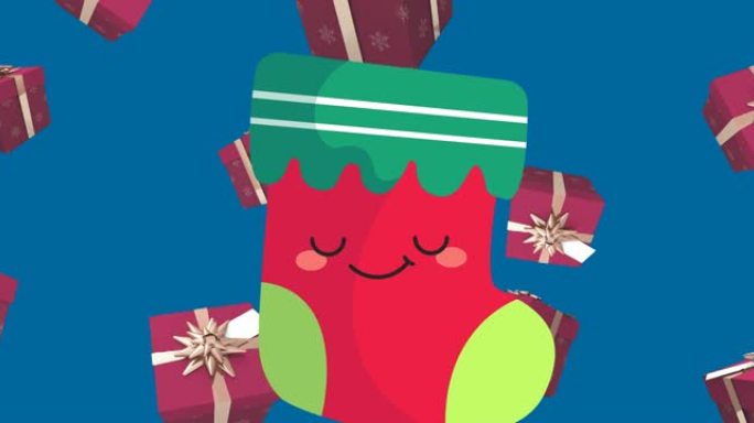 礼物和圣诞袜子落在蓝色背景上的动画