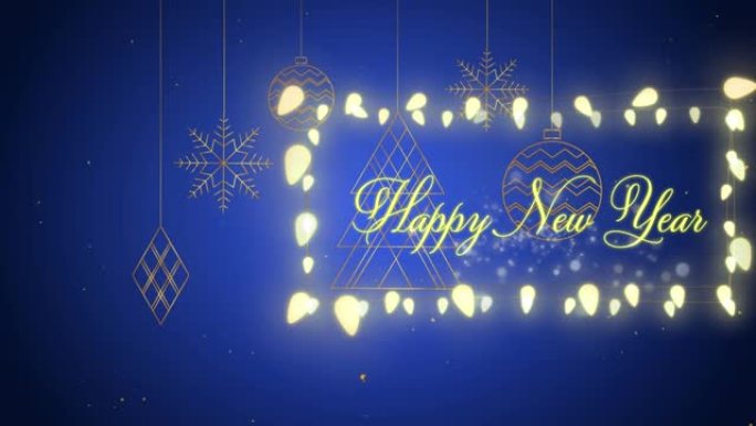 新年快乐和蓝色背景上悬挂装饰的装饰仙女灯