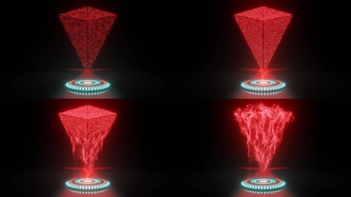 一个科幻圆锥形物体的4k视频动画，由点燃成美丽图案后爆炸的粒子组成。