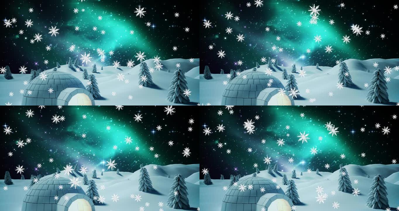 夜间冬季景观中的雪落在冰屋上的动画