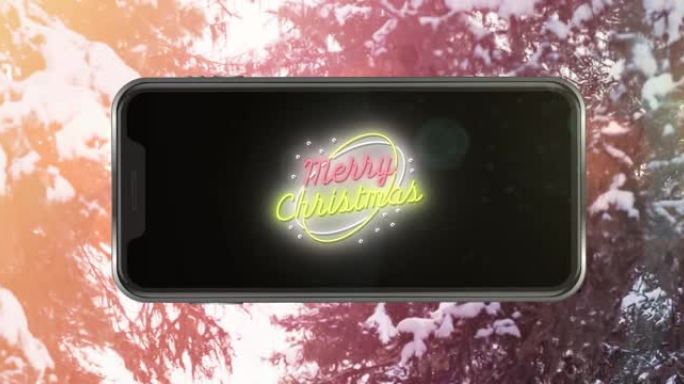智能手机上的圣诞快乐动画杉树上的文字