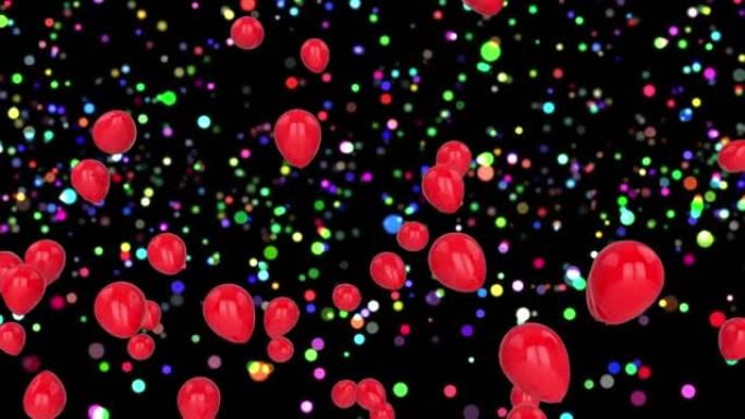 红色气球在发光的彩灯上飞行的动画
