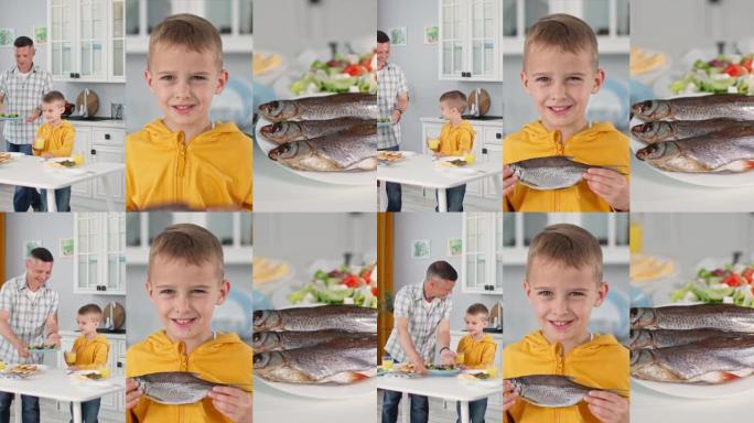 拼贴画有爱心的爸爸和小儿子一起摆桌子吃联合晚餐，厨房里快乐美丽的小男孩的肖像，海蟑螂躺在盘子里