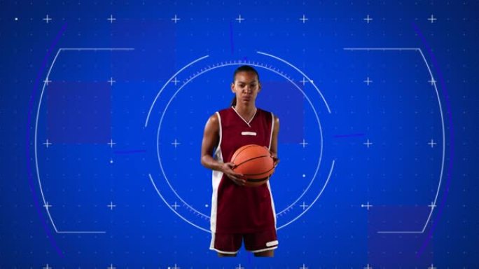 蓝色背景上的女子篮球运动员持球扫描范围动画