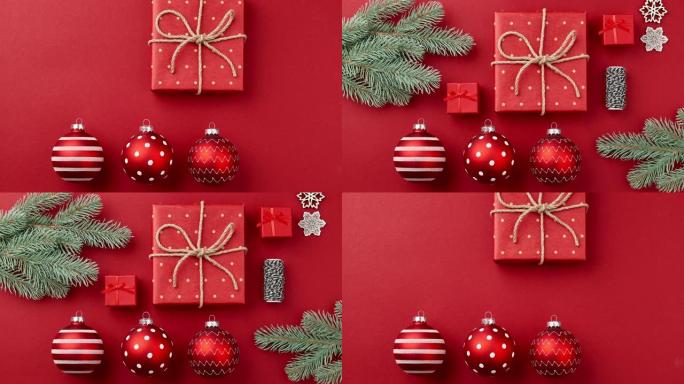 停止运动动画与圣诞新年礼品盒，装饰品，圣诞树树枝在红色桌子上移动