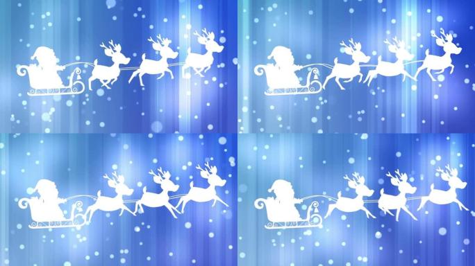 雪橇上的圣诞老人被驯鹿拉到蓝色背景上的白色斑点和浅色小径上