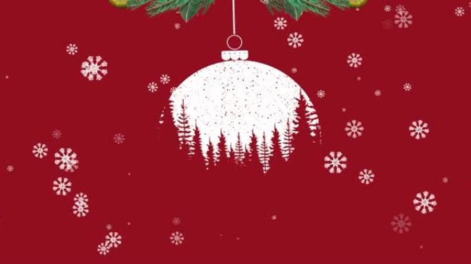 红色圣诞摆设和枞树装饰上飘雪的动画