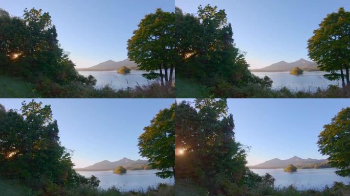 福岛县的万代山和海原湖被日出照亮