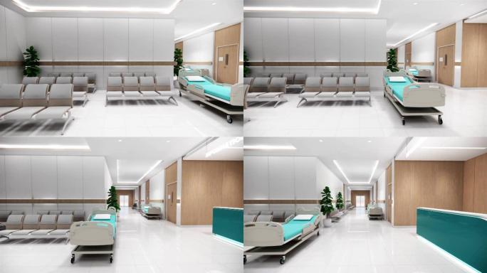 带床的病房。护理诊所或医院的空床和轮椅。3d渲染室和舒适。现代医院，保健理念。