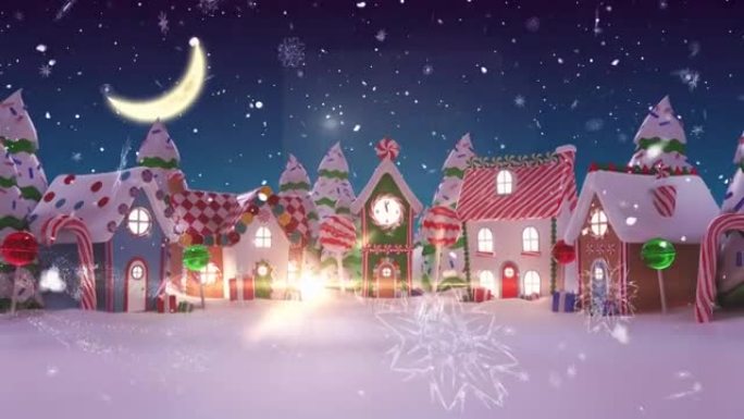 圣诞节季节的问候动画，带有房屋和月亮的冬季风景