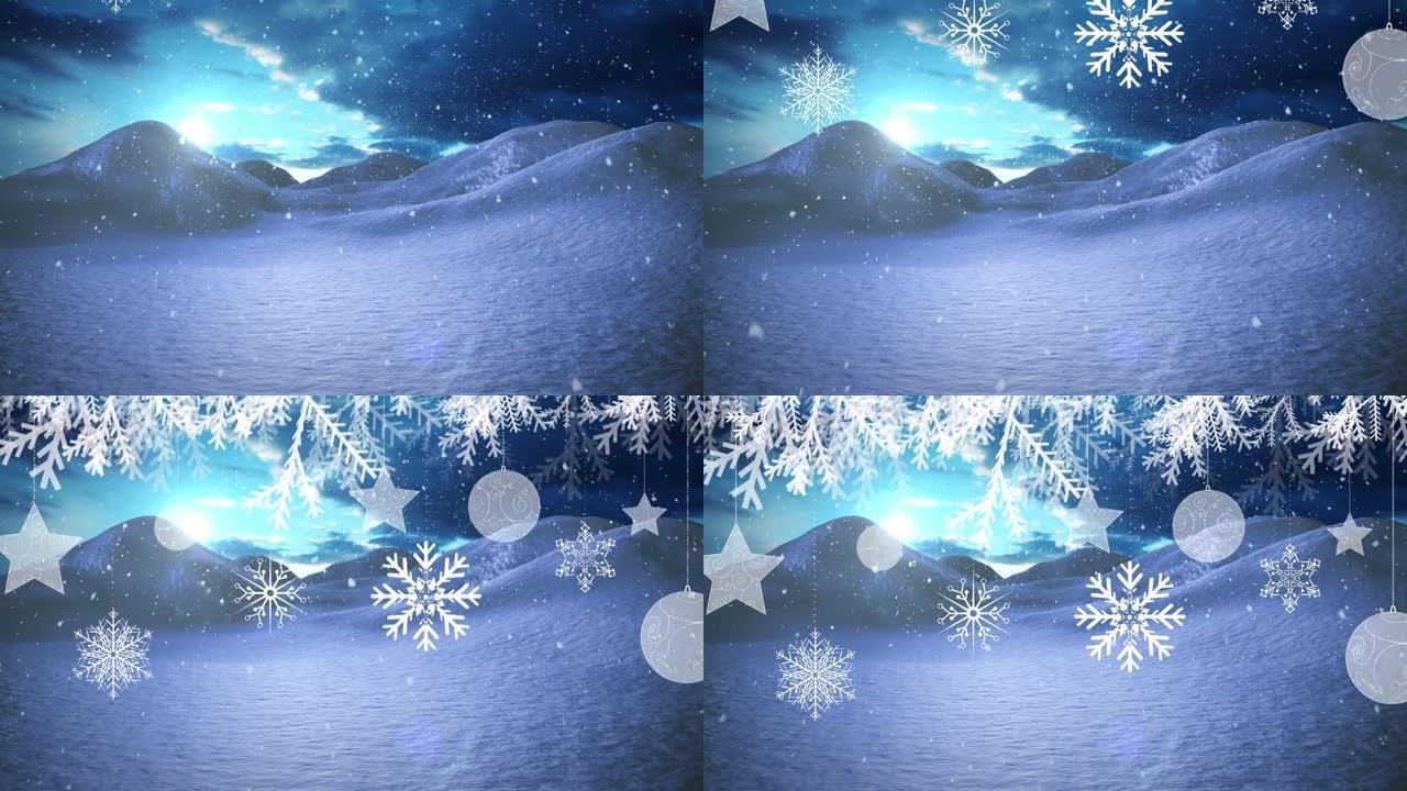 冬天风景下的雪花和圣诞装饰品的动画