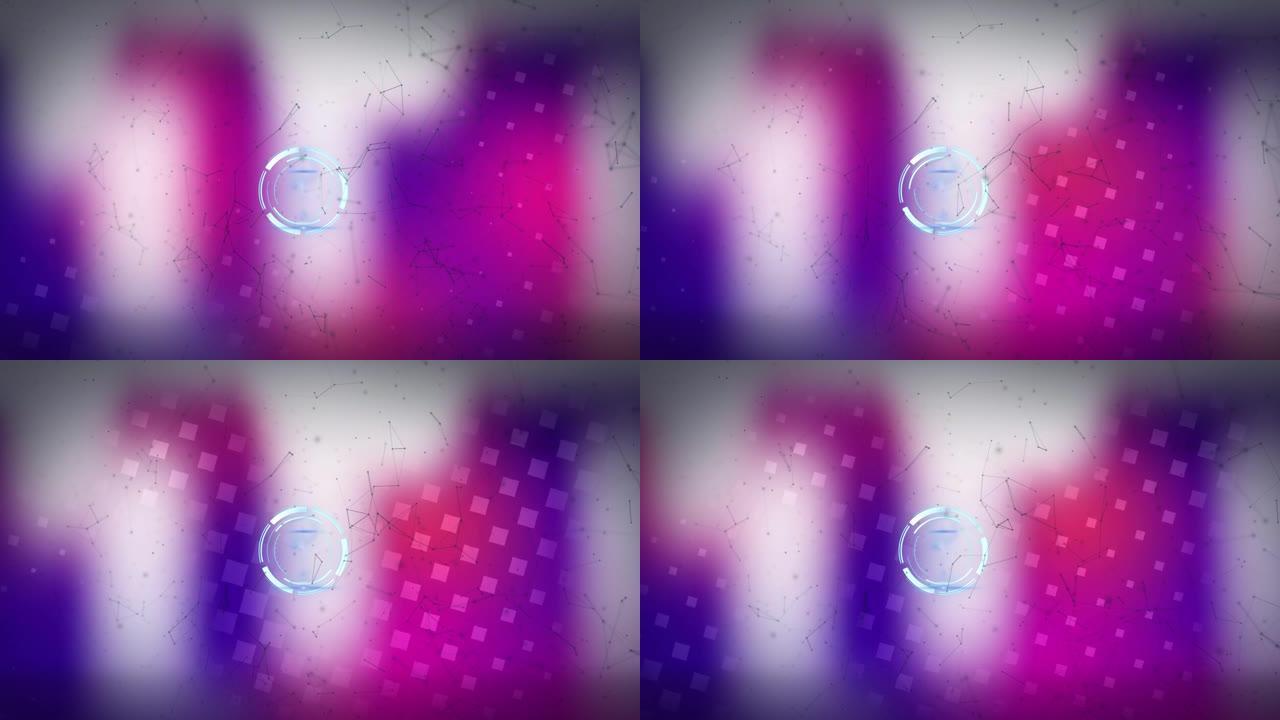 圆形扫描仪的动画，带有连接网络，在正方形和模糊的紫色形状上