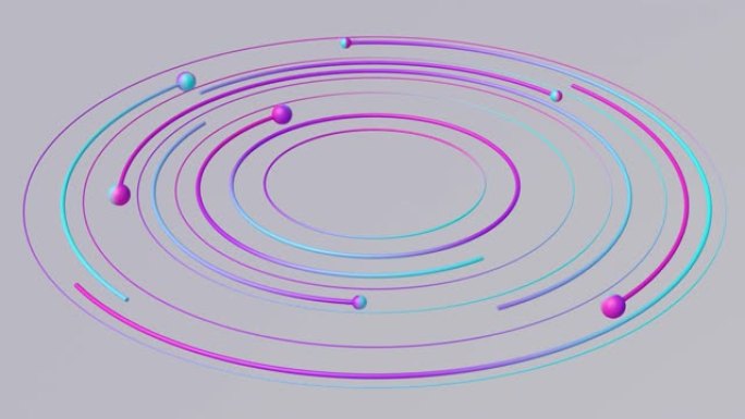 蓝色，紫色，粉红色的圆圈和球。抽象动画，3d渲染，特写。