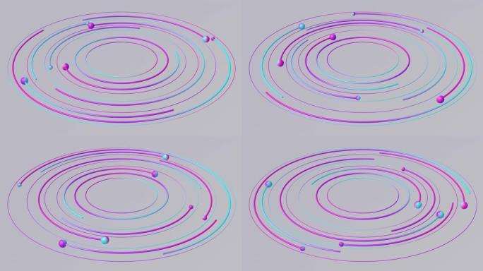 蓝色，紫色，粉红色的圆圈和球。抽象动画，3d渲染，特写。