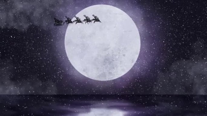 雪落在雪橇上的圣诞树上，被驯鹿拉向夜空中的月亮