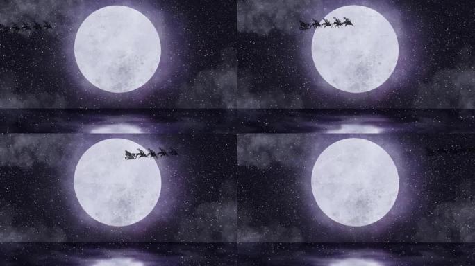 雪落在雪橇上的圣诞树上，被驯鹿拉向夜空中的月亮