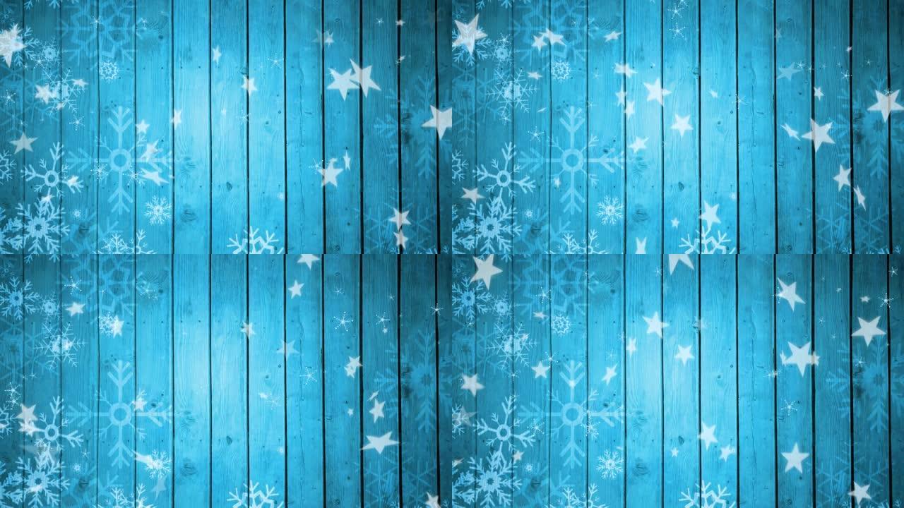 蓝色木质背景上落下的雪花和星星的动画