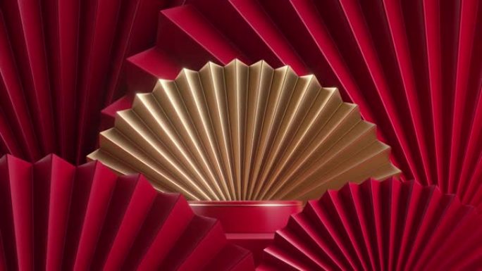 抽象3d动画，红色金色装饰艺术背景，带有旋转风扇和空讲台，用于产品展示