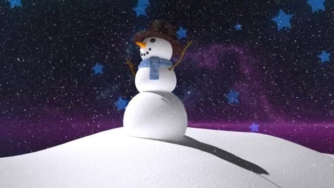 雪落在冬季景观上的雪人身上，夜空中的多个蓝星图标