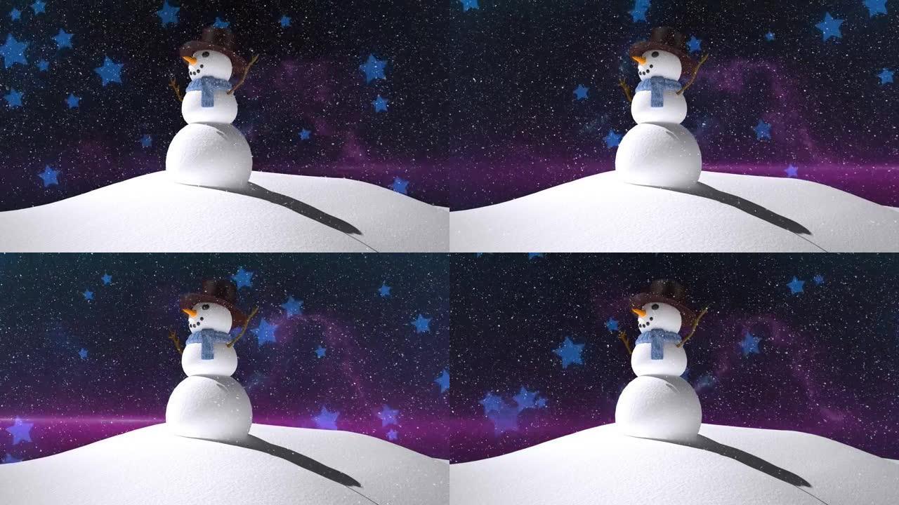 雪落在冬季景观上的雪人身上，夜空中的多个蓝星图标
