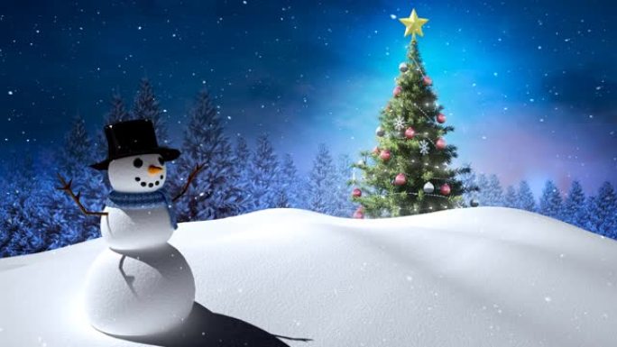 冬天风景下的雪落在微笑的雪人和圣诞树上的动画