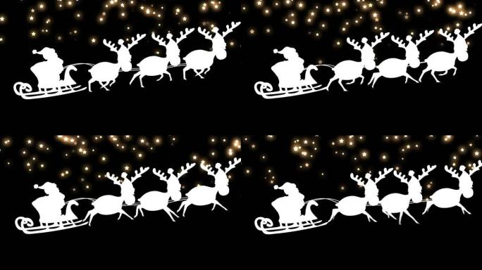 雪橇上的圣诞老人被驯鹿拉过落在黑色背景下的星星图标
