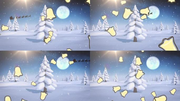 雪和多个chrosmas贝尔图标落在夜空中的冬季景观和月亮上