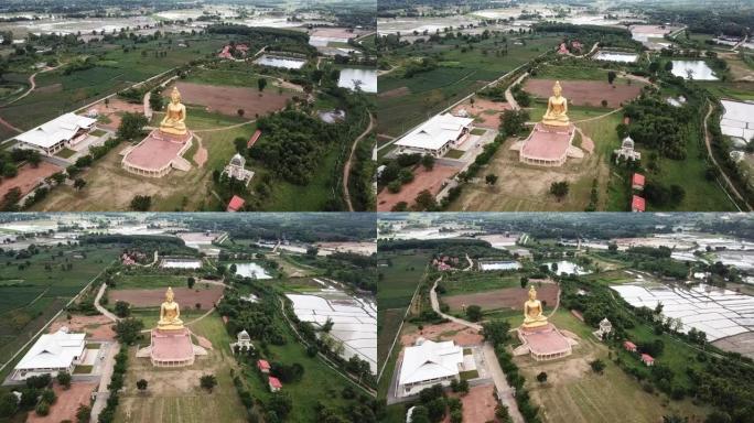 从无人机上鸟瞰为庆祝清莱古城建城750周年而建造的普塔蒙松(佛教公园)的大金佛雕像。